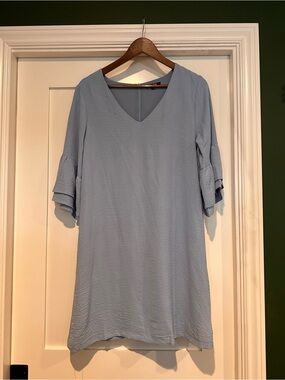 Light Blue V-Neck Women's dress with Ruffle Sleeves